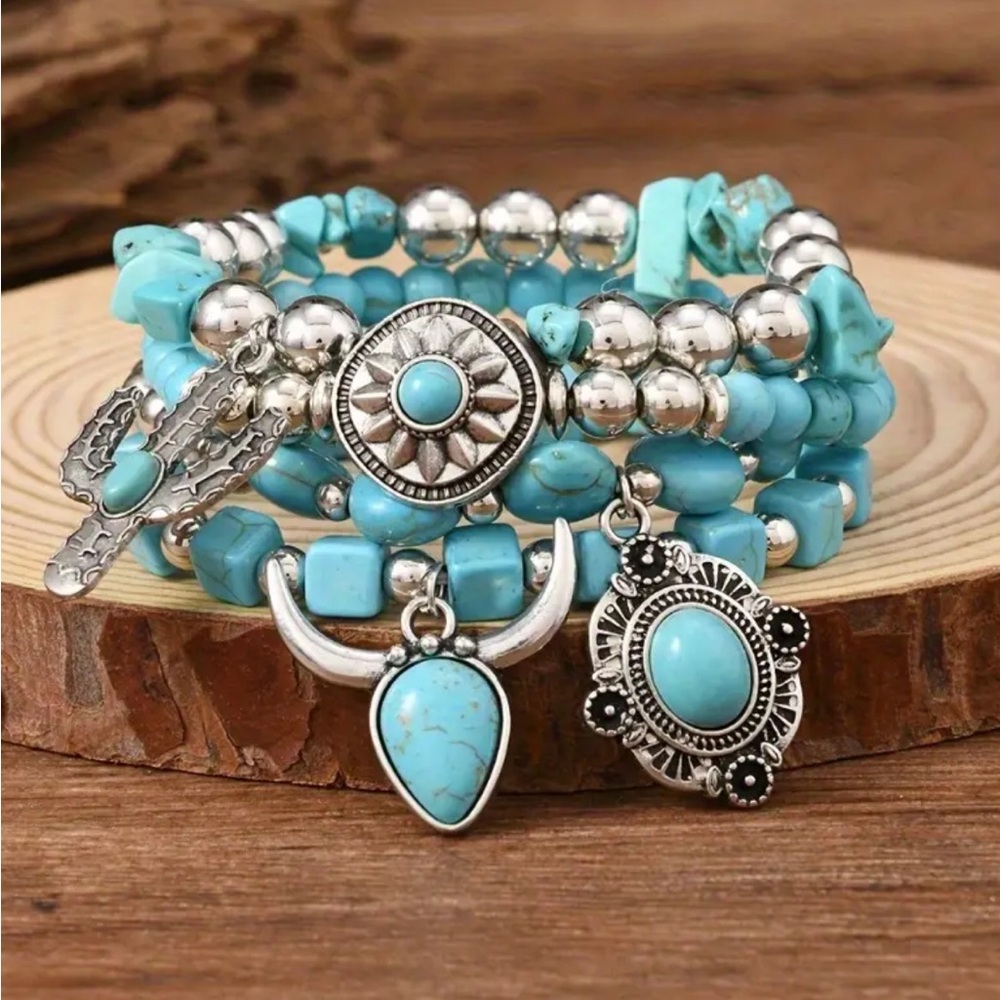 Boho Stacked Turquoise Beads & Cactus/Bullhead Bracelets